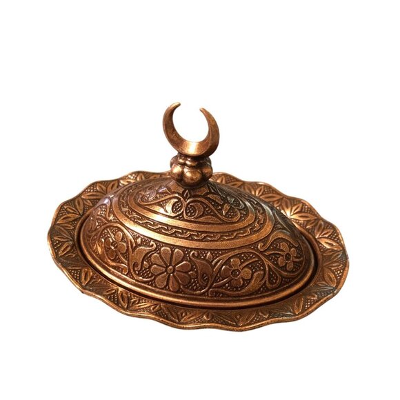 Turkish Coffee Delight Candy Dish Copper Color Ornate Lid and Tray - Picture 9 of 10